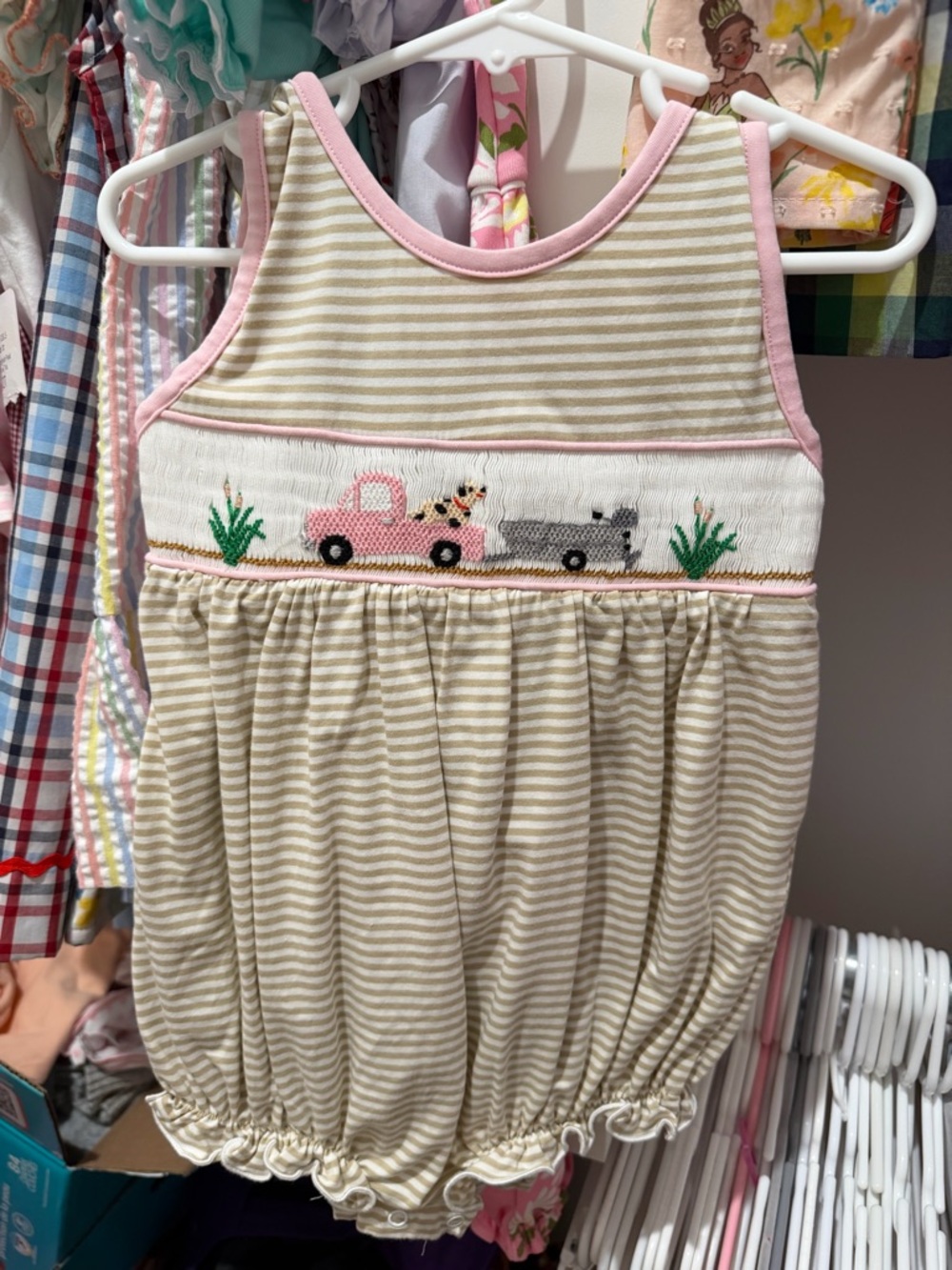 Striped Beige & Pink Smocked Baby One-Piece Bodysuit